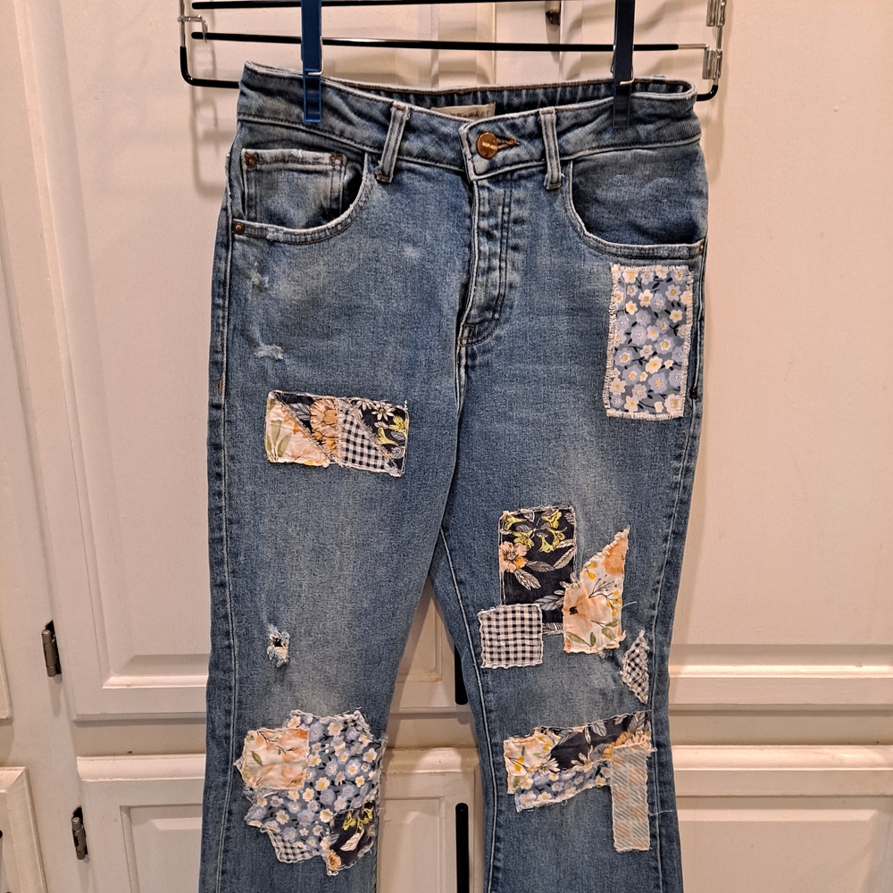 Warp + Weft Blue Patchwork Flare Jeans - image 2